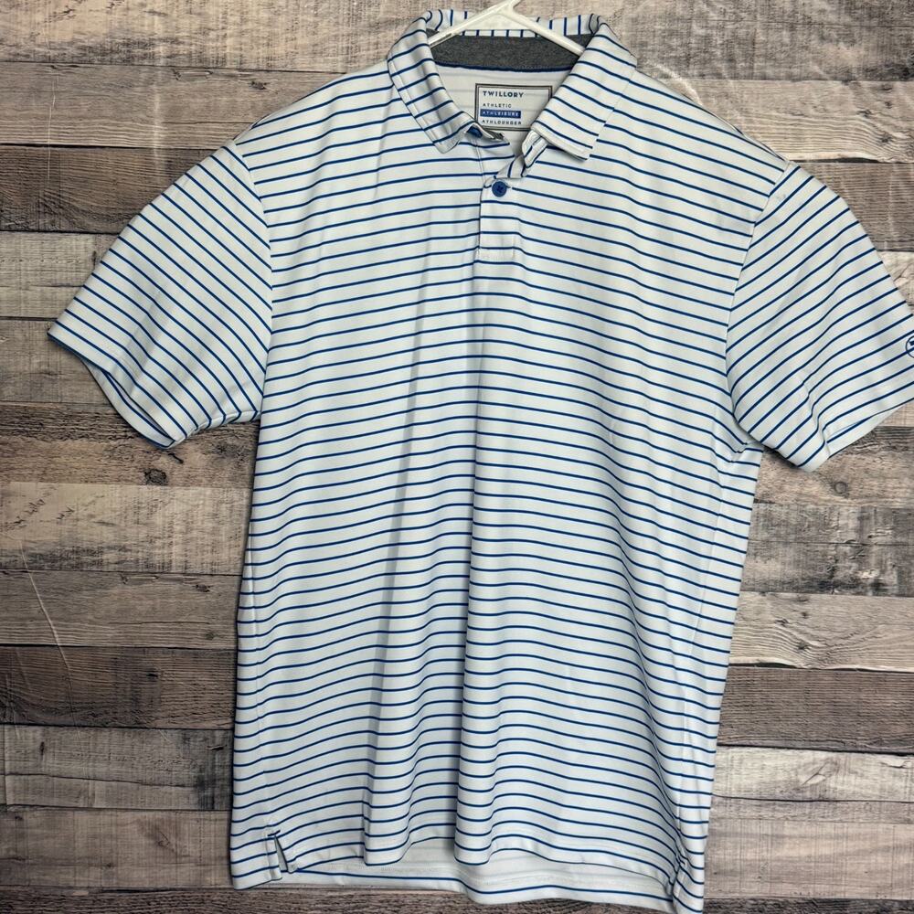 Twillory Athleisure Polo Shirt Mens Large White Blue Striped Casual Golf Comfort